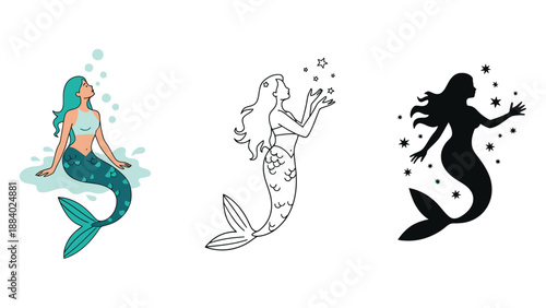 A colorful illustration of mermaids in different styles and colors.
