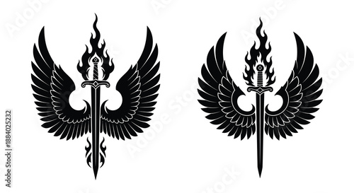 Two winged sword designs in black showcasing intricate details and a bold silhouette