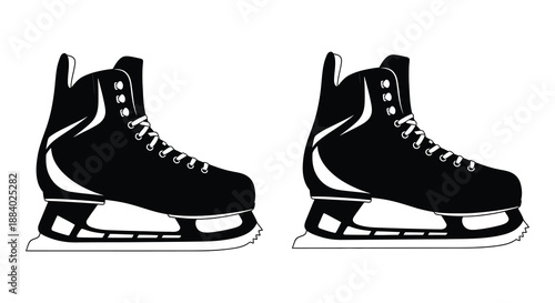 Detailed view of two ice skates displayed in a striking black silhouette