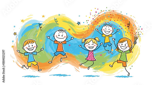 Happy Kids Jumping Joyfully in Colorful Celebration Background