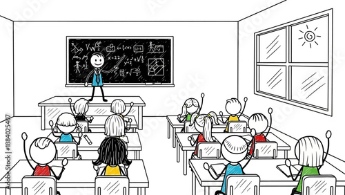 Happy stick figure students raising hands in a classroom, teacher at blackboard