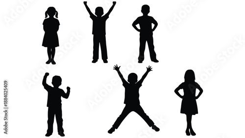 Silhouettes of happy children in various playful poses on white background