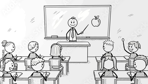 Happy stick figure teacher instructing diverse students in classroom lesson with apple on whiteboard