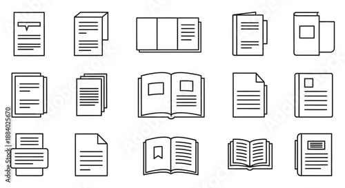 Collection of outlined books and reading materials open and closed in linear silhouette