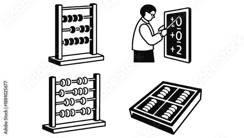 An illustration of various abacus calculators and a man using one