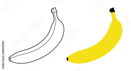 Two bananas displayed one colored yellow and the other as a dark outline silhouette