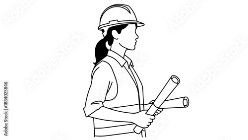 Female engineer holding construction blueprints.