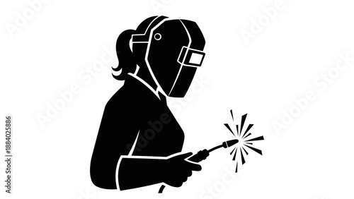 Woman welding with protective gear.