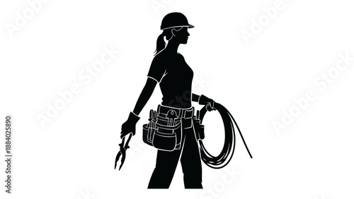 Female construction worker with tool belt.