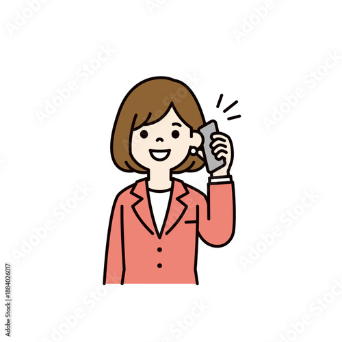 携帯電話で話す、スーツを着た若い女性社員・ビジネスウーマン・OLのベクターイラスト素材