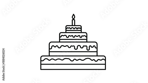 Simple line art icon depicting a tiered celebration cake featuring delicious frosting drips and a single burning candle ready for a birthday wish