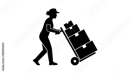 A person pushing a loaded hand truck.