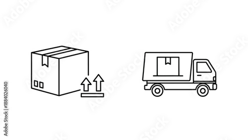 Simple black outline icons depicting a cardboard shipping box with handling symbols alongside a delivery truck symbolizing logistics and freight transportation services