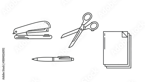 Minimalist black and white line art collection featuring essential office supplies including a stapler scissors pen and stack of papers for stationery design concepts