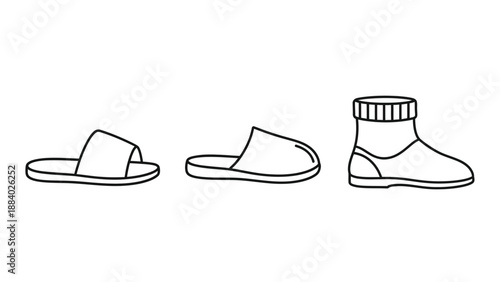 Simple black outline icon set displaying three distinct types of indoor footwear including open toe slides closed toe mules and warm winter bootie slippers