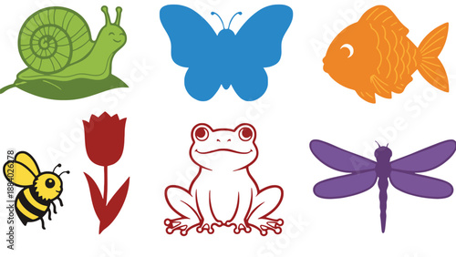 A colorful illustration of various animals and insects in a garden setting