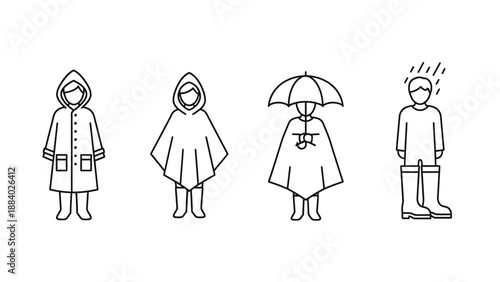 Set of four line icons illustrating various forms of protective rain gear including a raincoat poncho umbrella and person wearing rain boots outdoors