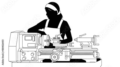 Worker operating industrial metal lathe machine.