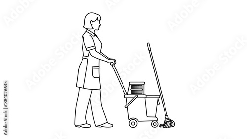 Woman pushing cleaning cart with supplies.