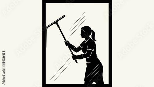 A woman cleaning a window with a squeegee.