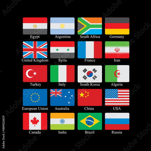 A colorful vector set of national flags from countries around the world including Europe Asia and America