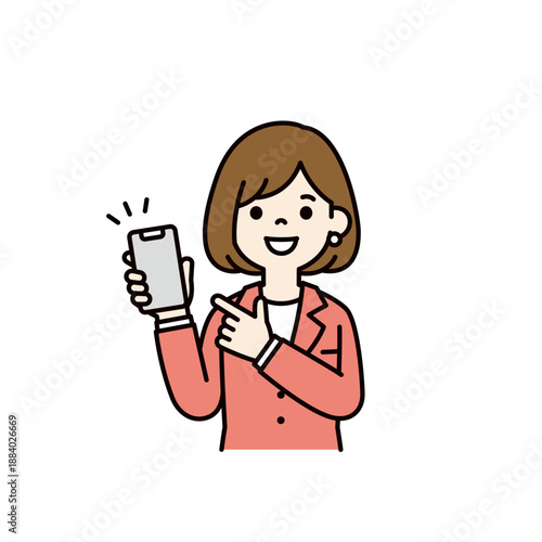 携帯電話の画面を指さして紹介する、若い女性社員・ビジネスウーマンのベクターイラスト素材
