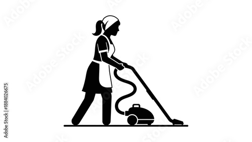 Woman cleaning floor with vacuum cleaner.