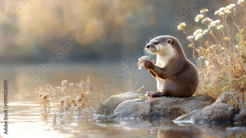 An otter eating fresh fish on a sunlit riverbank surrounded by tall grasses.