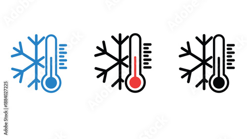 Three weather icons showing temperature and snowflakes in different colors