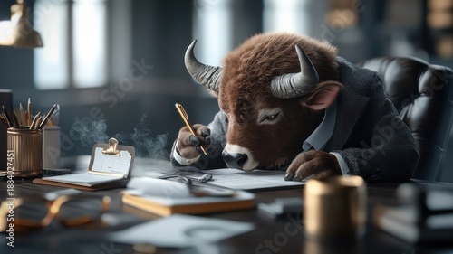 A buffalo in a business suit humorously working at a desk in a modern office setting, surrounded by office supplies.