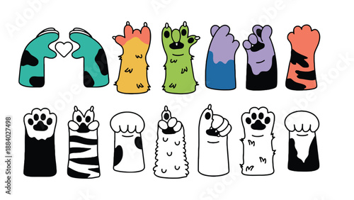 A colorful illustration of cartoon animal paws and fingers with different patterns
