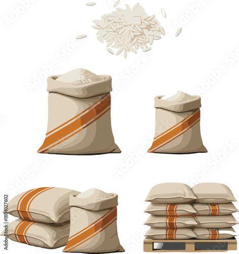 Rice sacks and grain vector set with bags piles and bulk storage agricultural food illustrations isolated
