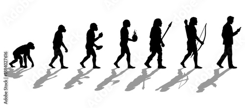 人類の進化 類人猿 人間に移り変わるシルエットのイラストセット 全身横向き