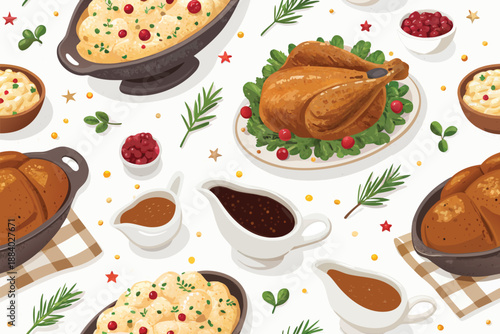 Festive Dinner Feast Seamless Pattern Festive Din