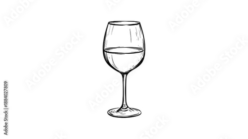 A clean, black-and-white line drawing of a classic wine glass, showing its bowl, stem, and base in a minimalist style