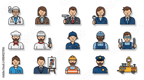 Collection of diverse professional occupation icons in a flat design style.