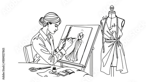 A fashion designer sketching a dress on a mannequin in her studio
