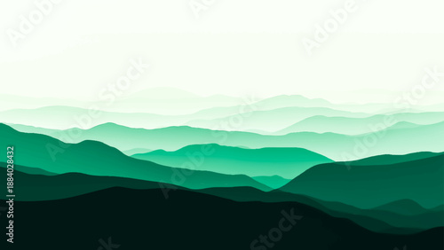 A serene blue mountain landscape with misty hills and forest valleys unfolds under a soft sunrise sky as clouds drift past a distant peak at dawn
