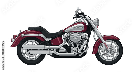 Detailed cartoon illustration of a vintage cruiser motorcycle with chrome accents, isolated on a white background