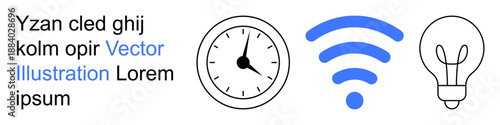 Technology, communication, internet, innovation, productivity, modern ideas. A clock, wireless signal and light bulb icon appear in a minimalistic design. Technology and communication theme