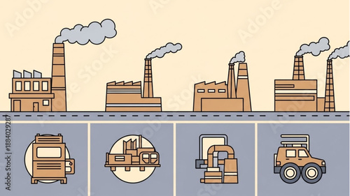 Industrial factories and vehicles in a row.