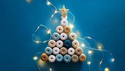 Minimal Christmas Tree Made From Yarn Spools With Fairy Lights On Blue Background