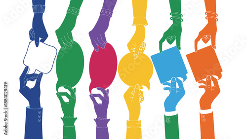 A diverse group of people holding speech bubbles in unity