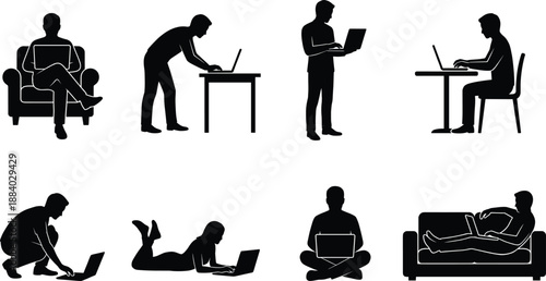People working with laptop silhouettes showing sitting standing and lying postures for remote work office lifestyle vector illustration icons
