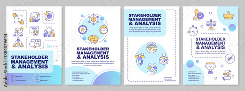 Stakeholder management blue gradient brochure layout. Statistical metrics. Leaflet advertising design with color line icons. Editable 4 pages. Arial-Bold, Myriad Pro-Regular fonts used