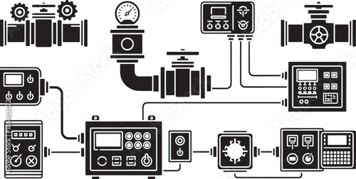 Black and white schematic of industrial pipes valves and control panels 1