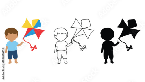 A colorful illustration of children playing with kites in different styles