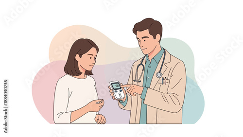 Doctor showing glucose meter to patient, diabetes care illustration