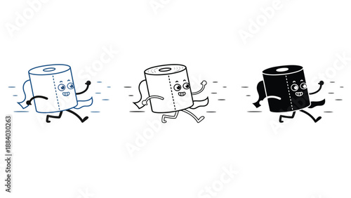 A playful illustration of cartoon toilet paper rolls running with smiling faces