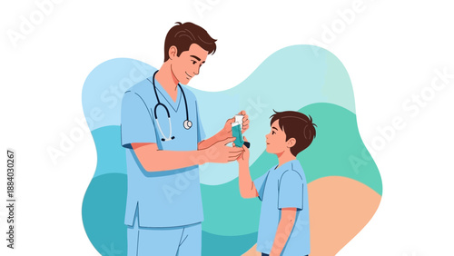 Doctor showing inhaler to child patient for asthma treatment
